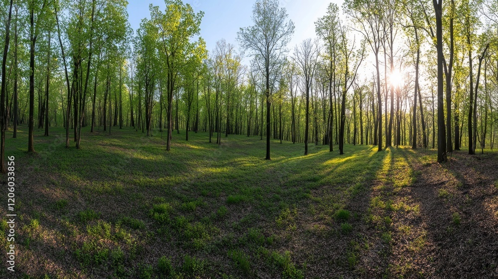 Fototapeta premium A vibrant spring forest scene features dense green canopies as sunlight filters through leaves, casting stunning light patterns on the moss-covered floor