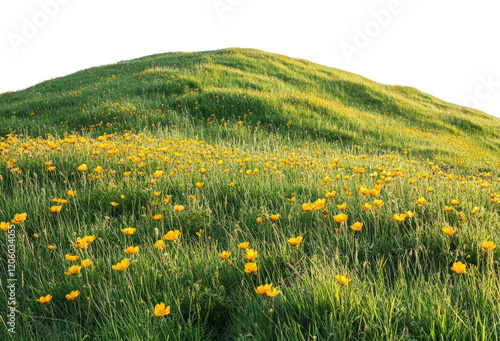 Vibrant yellow flowers blooming grassy hill nature landscape spring season serene environment scenic viewpoint isolated on transparent background