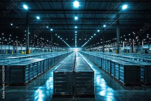 A vast, coldly lit warehouse filled with rows of metal containers, arranged methodically under fluorescent lights, creating a stark industrial environment.