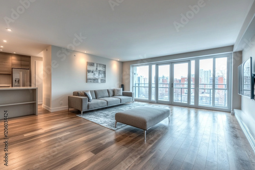 Wallpaper Mural Modern minimalist living room with large windows, hardwood flooring, stylish furniture, and city view. Bright and spacious interior design. Torontodigital.ca
