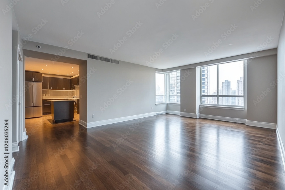 Fototapeta premium Spacious empty apartment with wooden floors, large windows, and modern kitchen. Bright natural light and city skyline view.