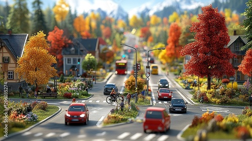Fototapeta Naklejka Na Ścianę i Meble -  Miniature autumn town street with traffic, pedestrians, and mountain backdrop