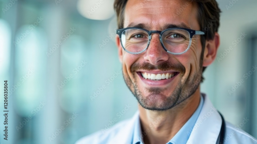A man with glasses and a white coat is grinning. He is wearing a white coat and glasses A man with glasses and a white coat is grinning. He is wearing a white coat and glasses