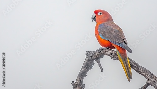 A bright and cheerful parrot perched confidently on a branch, its rich colors highlighted against the pure white background photo