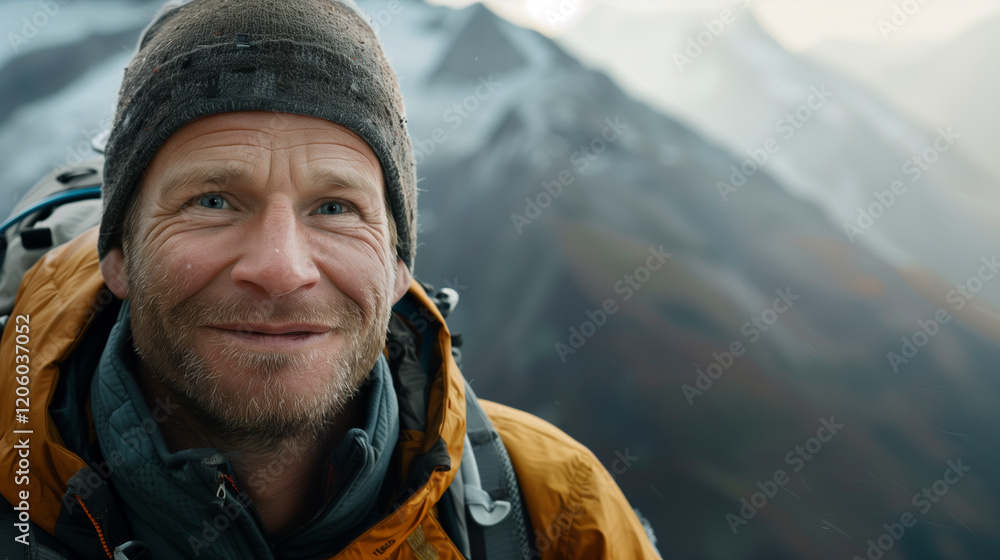 Naklejka premium Alpinista con la montaña de fondo posando a cámara sonriente.