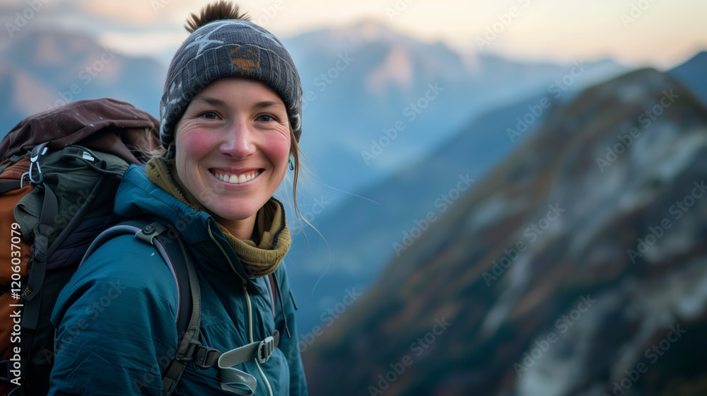 Alpinista con la montaña de fondo posando a cámara sonriente. Alpinista con la montaña de fondo posando a cámara sonriente.