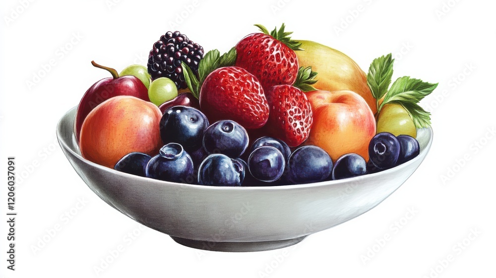 Hand drawing clipart of a bowl of fruit on plain white background