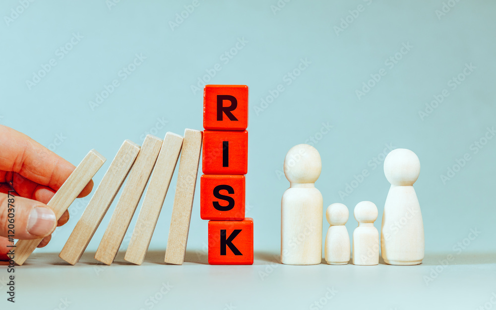 Family protection from accidents. Domino effect, risk management. Financial analysis. Symbolizes taking action to prevent cascading problems. Insurance technology plan. House safety family life