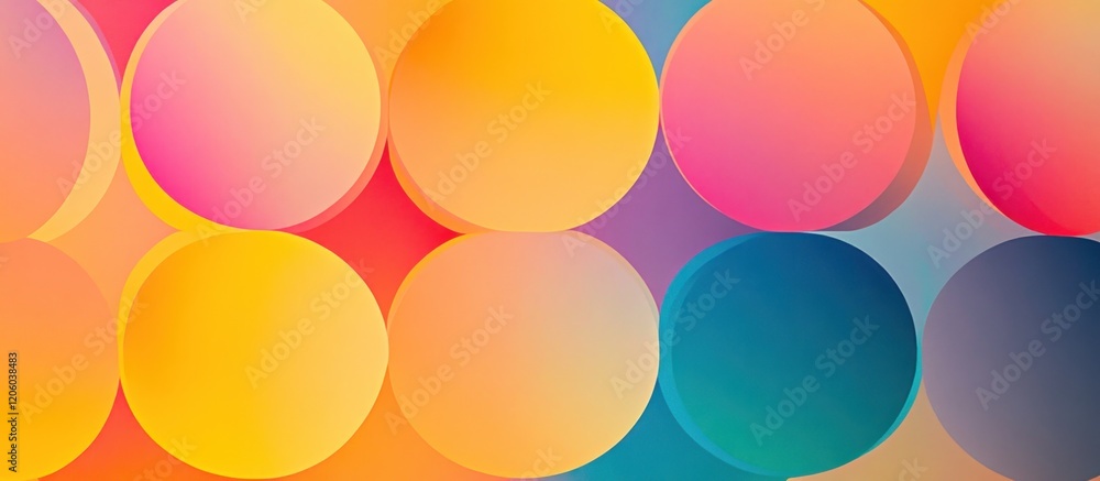 Geometric circles arranged in a repeating pattern, vibrant gradient fills, creating movement and energy through color Geometric circles arranged in a repeating pattern, vibrant gradient fills, creating movement and energy through color