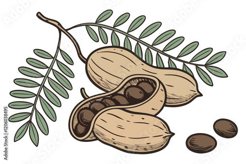 tamarind pods, tropical fruit, brown organic shapes, cracked open pod, seeds visible, green leaves, photorealistic, high detai