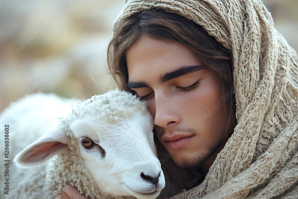 Jesus Christ holding a lamb in a serene landscape, radiating divine love and guidance, symbolizing care and spiritual protection. Jesus Christ holding a lamb in a serene landscape, radiating divine love and guidance, symbolizing care and spiritual protection.