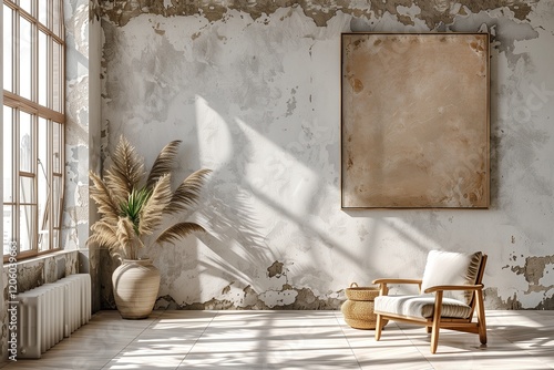 Canvas mockup on background of minimalist interior with armchair and rustic decor, 3d rendering