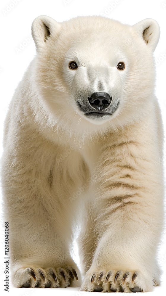 Fototapeta premium A curious polar bear cub taking small steps across a clean white surface, its fur soft and bright in contrast to the white background