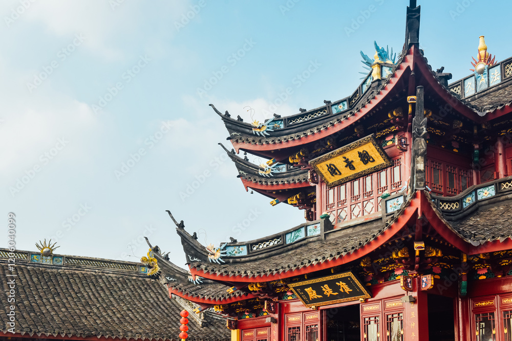 Naklejka premium Guanyin Pavilion ancient architecture scenery in Zhaobao Mountain scenic area, Zhenhai District, Ningbo City, Zhejiang Province, China