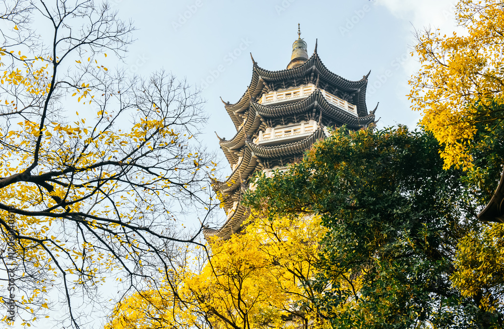 Fototapeta premium Winter scenery of Aozhu Tower scenic spot at Zhenhai Zhaobaoshan tourist area, Ningbo city, Zhejiang province, China