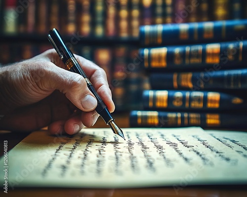 Hand writing with fountain pen on antique paper near books.