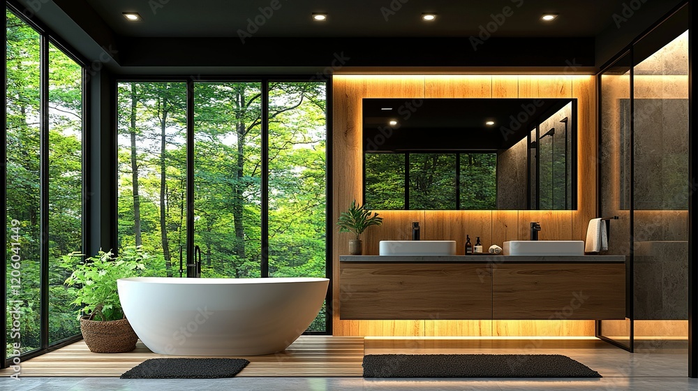 Modern bathroom, forest view, double sink, soaking tub, natural light Modern bathroom, forest view, double sink, soaking tub, natural light