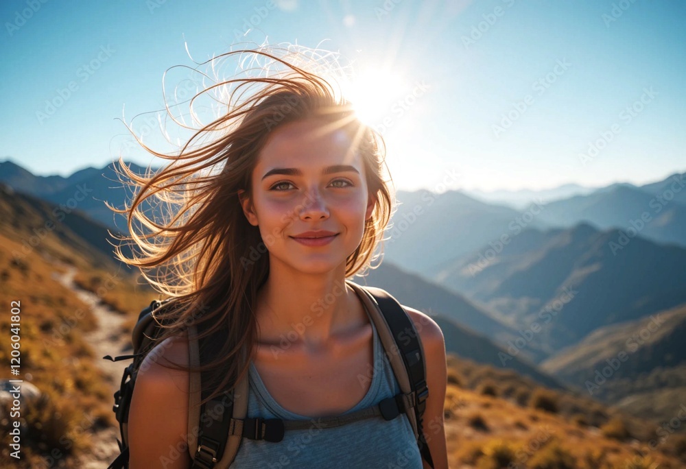 Sun-Kissed Wanderer: A Woman Traveler Pauses on a Mountain Trail Sun-Kissed Wanderer: A Woman Traveler Pauses on a Mountain Trail