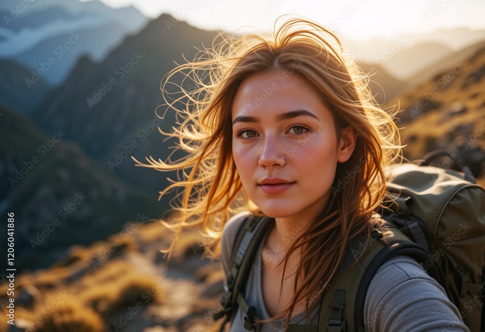 The Adventurous Spirit: Woman Explorer Bathed in Golden Light on Mountain Trail The Adventurous Spirit: Woman Explorer Bathed in Golden Light on Mountain Trail