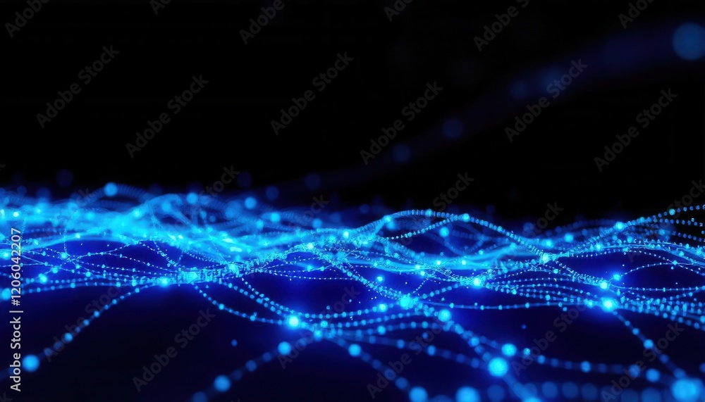 Abstract Blue Glowing Particle Waves on Black Background Abstract Blue Glowing Particle Waves on Black Background