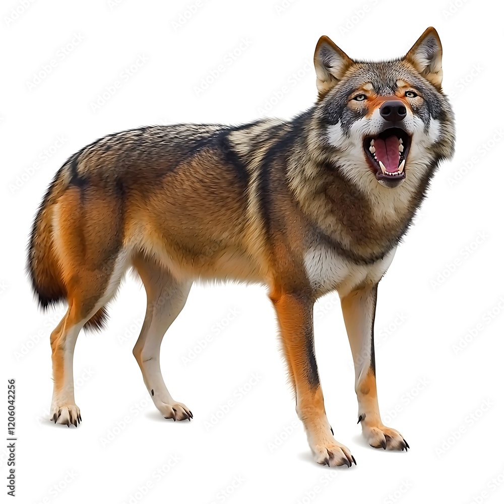 Fototapeta premium A fierce wolf howling with its mouth open, its muscular form captured in sharp detail against a blank white background