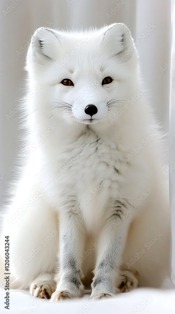 A gentle and fluffy arctic fox with a soft, full coat of fur, sitting serenely against a clean white backdrop, its gaze calm and relaxed A gentle and fluffy arctic fox with a soft, full coat of fur, sitting serenely against a clean white backdrop, its gaze calm and relaxed