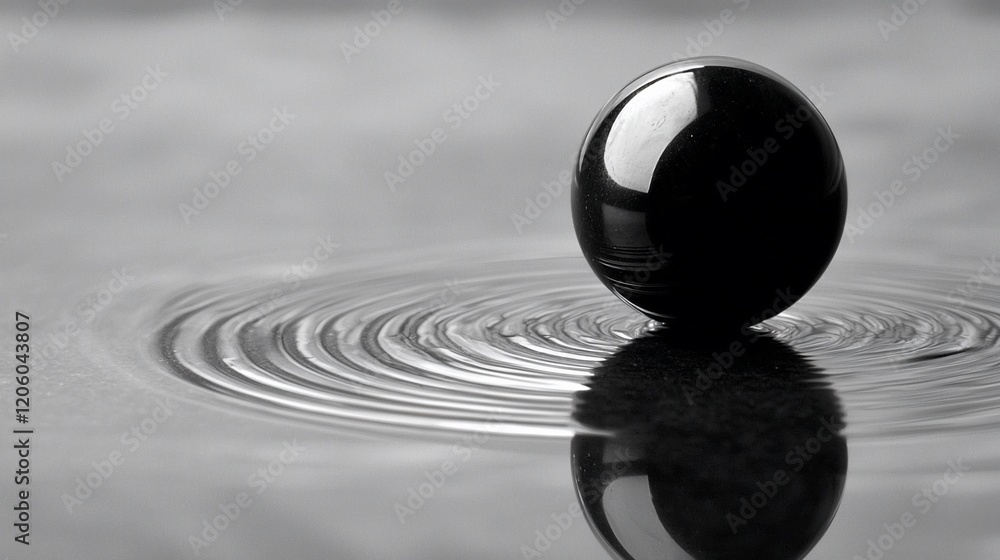 Black sphere floating on water, creating ripples. Black sphere floating on water, creating ripples.