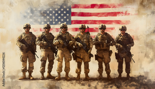 Powerful illustration of US Army soldiers standing together in front of the American flag AI Generated