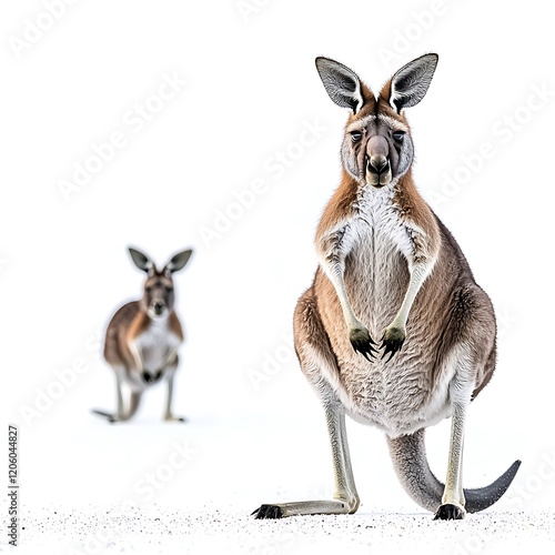 A kangaroo standing alert on its hind legs, its tail slightly raised, against a pure white backdrop that highlights its natural stance photo