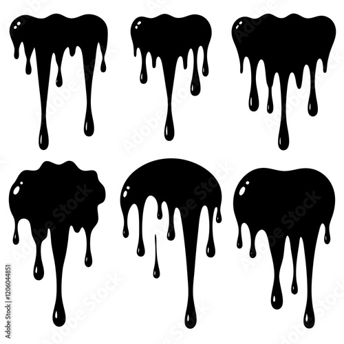 Current drops silhouette. Inks, paint, liquid, oil, molten circles set. Vector illustration 