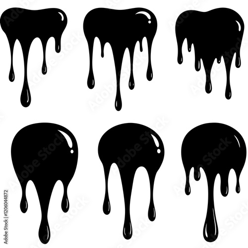 Current drops silhouette. Inks, paint, liquid, oil, molten circles set. Vector illustration 