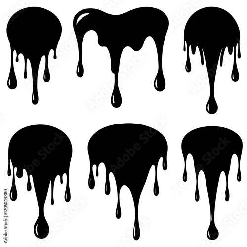 Current drops silhouette. Inks, paint, liquid, oil, molten circles set. Vector illustration 
