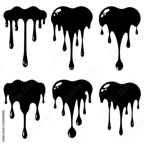 Current drops silhouette. Inks, paint, liquid, oil, molten circles set. Vector illustration 