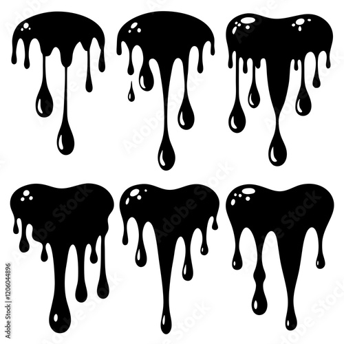Current drops silhouette. Inks, paint, liquid, oil, molten circles set. Vector illustration 