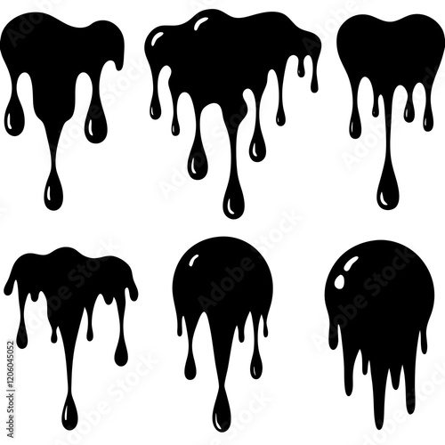 Current drops silhouette. Inks, paint, liquid, oil, molten circles set. Vector illustration 