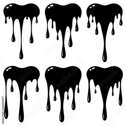 Current drops silhouette. Inks, paint, liquid, oil, molten circles set. Vector illustration 