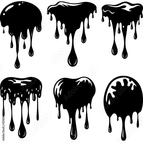 Current drops silhouette. Inks, paint, liquid, oil, molten circles set. Vector illustration 