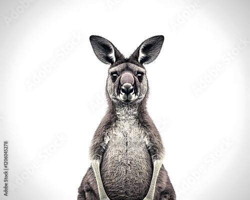 A kangaroo standing upright with its head turned slightly, observing the environment with sharp eyes, set against a clean white background photo