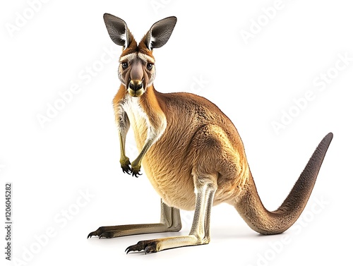 A kangaroo standing upright with a watchful gaze, its strong legs and tail balancing its posture against a clean white background photo