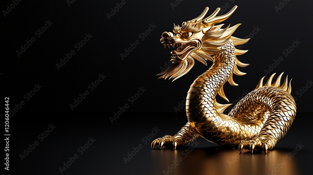 Obraz premium Golden dragon statue on black background.