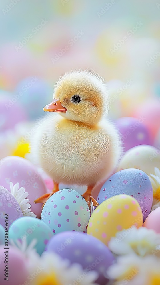 An endearing duckling perches on a soft bed of pastel Easter eggs, surrounded by delicate flowers, capturing the essence of spring's renewal and the joy of festive celebrations. An endearing duckling perches on a soft bed of pastel Easter eggs, surrounded by delicate flowers, capturing the essence of spring's renewal and the joy of festive celebrations.