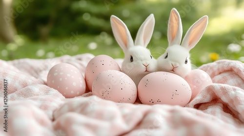 A group of pastel Easter eggs with playful cartoon bunny illustrations, placed on a sunny picnic blanket. photo