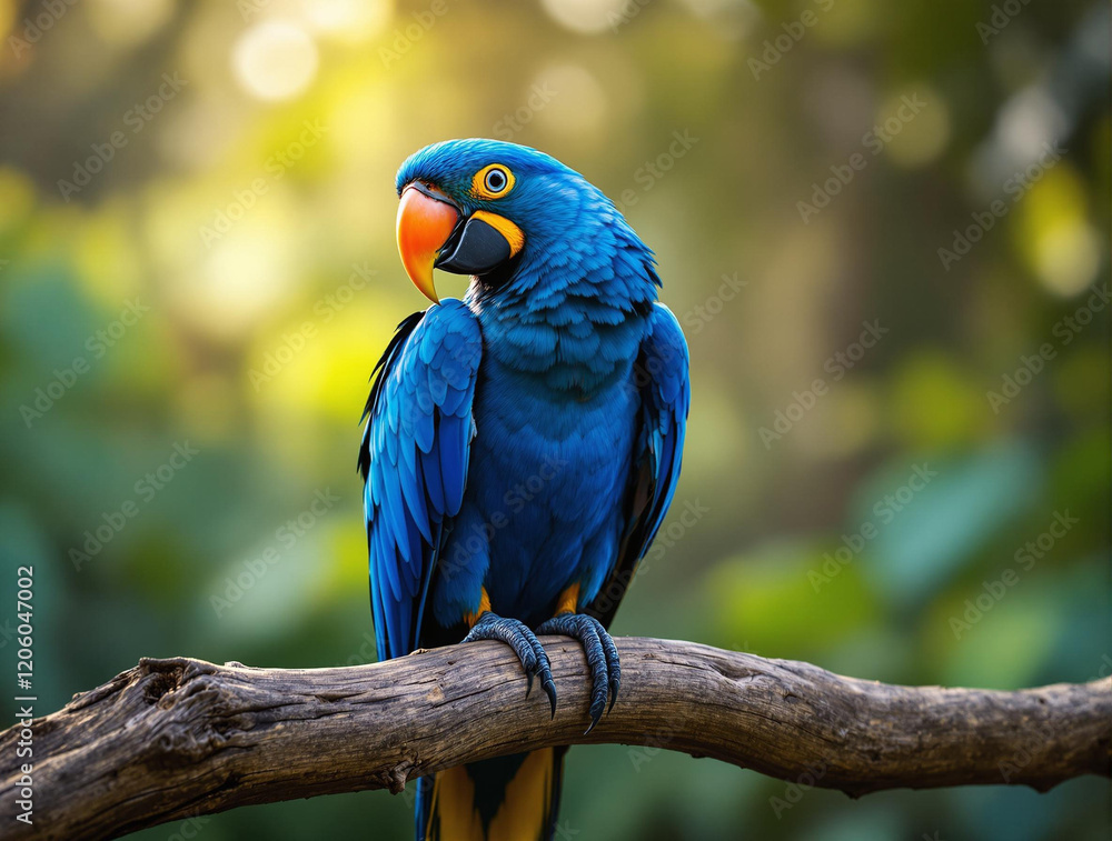 a vibrant blue parrot with a yellow beak perched on a branch. The background is blurred with shades of green and yellow, suggesting a natural, outdoor setting. a vibrant blue parrot with a yellow beak perched on a branch. The background is blurred with shades of green and yellow, suggesting a natural, outdoor setting.