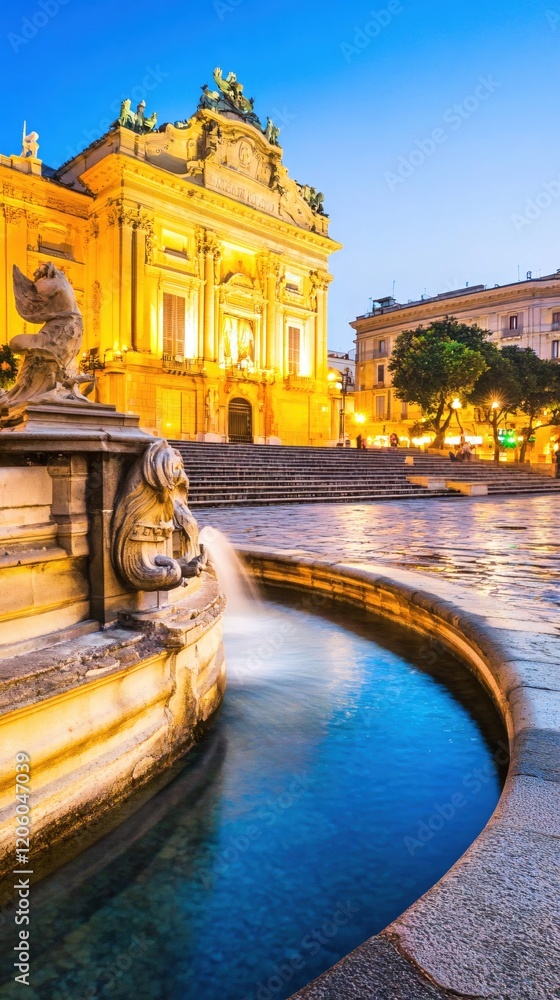 Naklejka premium Illuminated City Square Fountain and Majestic Building at Dusk