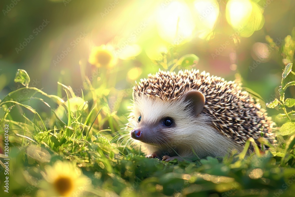 Hedgehog exploring a sunny meadow filled with wildflowers during golden hour, surrounded by soft greenery and warm light. Generative AI Hedgehog exploring a sunny meadow filled with wildflowers during golden hour, surrounded by soft greenery and warm light. Generative AI