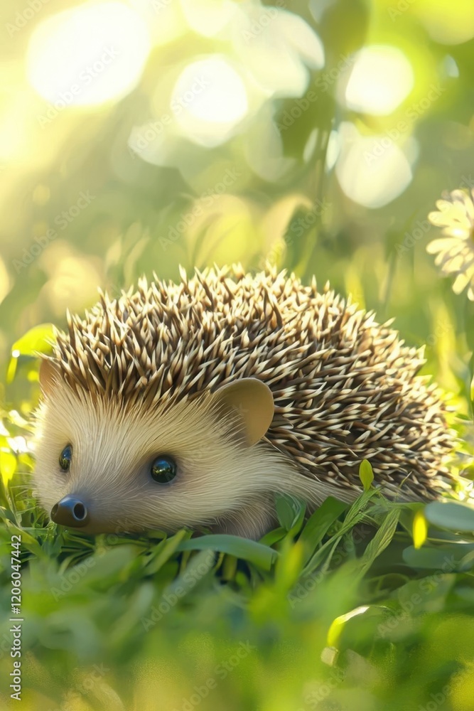 Hedgehog resting in lush green grass during a bright sunny day in a peaceful garden setting. Generative AI Hedgehog resting in lush green grass during a bright sunny day in a peaceful garden setting. Generative AI