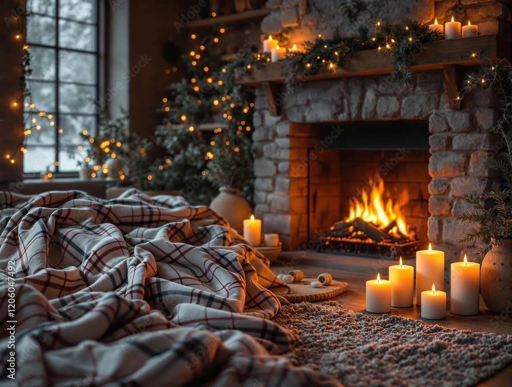 a cozy living room with a lit fireplace, candles, and a plaid blanket. The room is decorated for the holidays, with a Christmas tree and garland. a cozy living room with a lit fireplace, candles, and a plaid blanket. The room is decorated for the holidays, with a Christmas tree and garland.