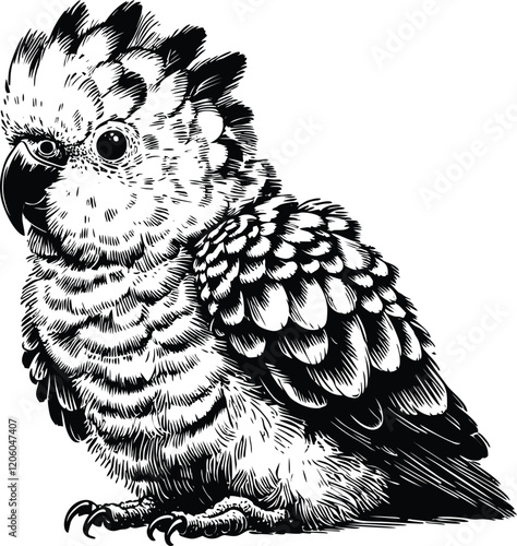 black and white drawing of a parrot, suitable for laser engraving and printing on various souvenirs