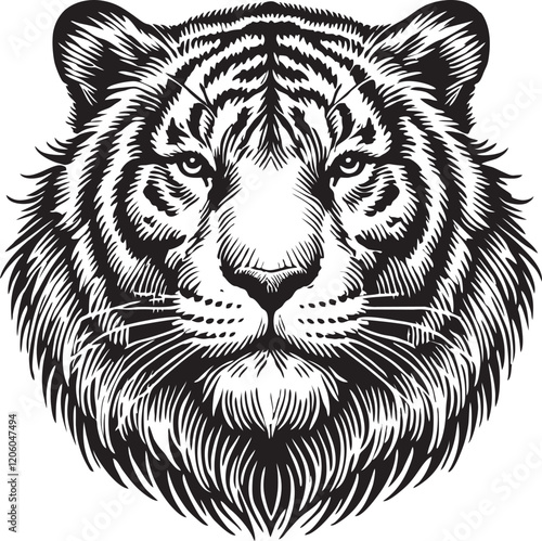 black and white tiger head drawing, suitable for laser engraving and printing on various souvenirs