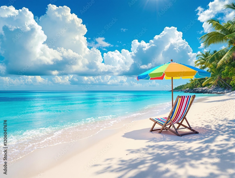 a tropical beach scene with a clear blue sky, fluffy white clouds, and turquoise ocean waters. There is a lounge chair on the white sand, shaded by an umbrella, and a palm tree in the background. a tropical beach scene with a clear blue sky, fluffy white clouds, and turquoise ocean waters. There is a lounge chair on the white sand, shaded by an umbrella, and a palm tree in the background.